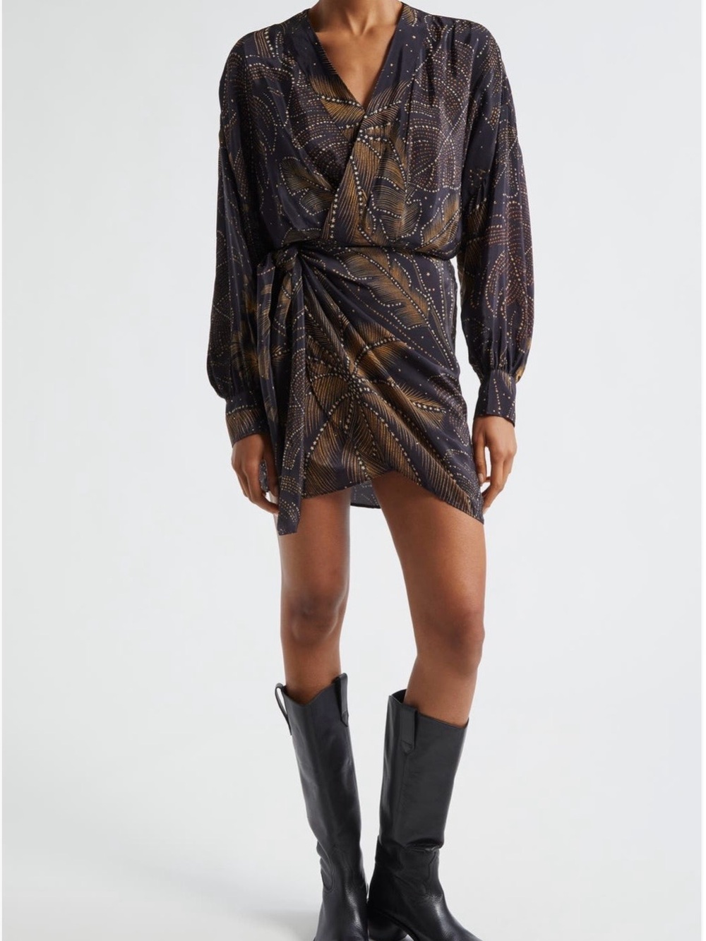FARM Rio Black & Gold Abstract Print Wrap Mini Dress